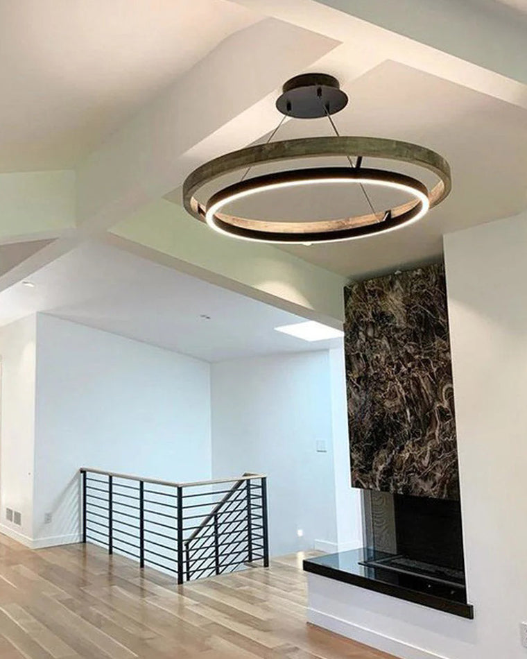 Houten Ringkroonluchter LED Ingebouwd Warm Wit Dimbaar Eetkamer Woonkamer Plafondlamp Modern Farmhouse