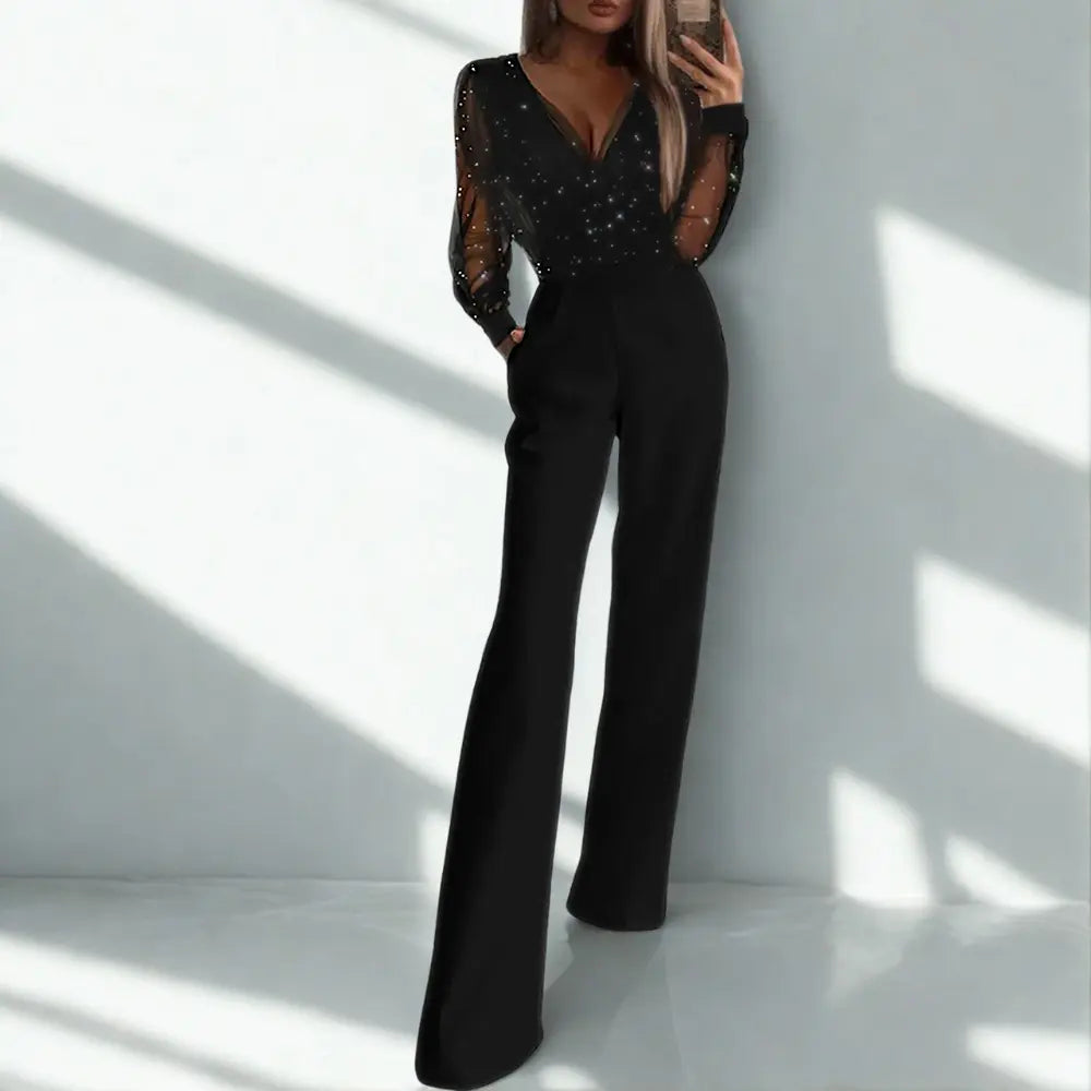 Dames Jumpsuit Glitter Mesh Mouwen Wijde Pijpen Feestkleding