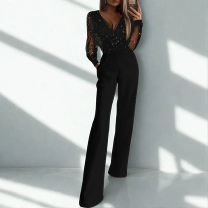 Dames Jumpsuit Glitter Mesh Mouwen Wijde Pijpen Feestkleding