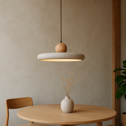 Travertijn Hout Hanglamp LED Ø30cm Beige Eetkamer Scandinavisch Minimalistisch Design Natuursteen Hanglamp Verlichting