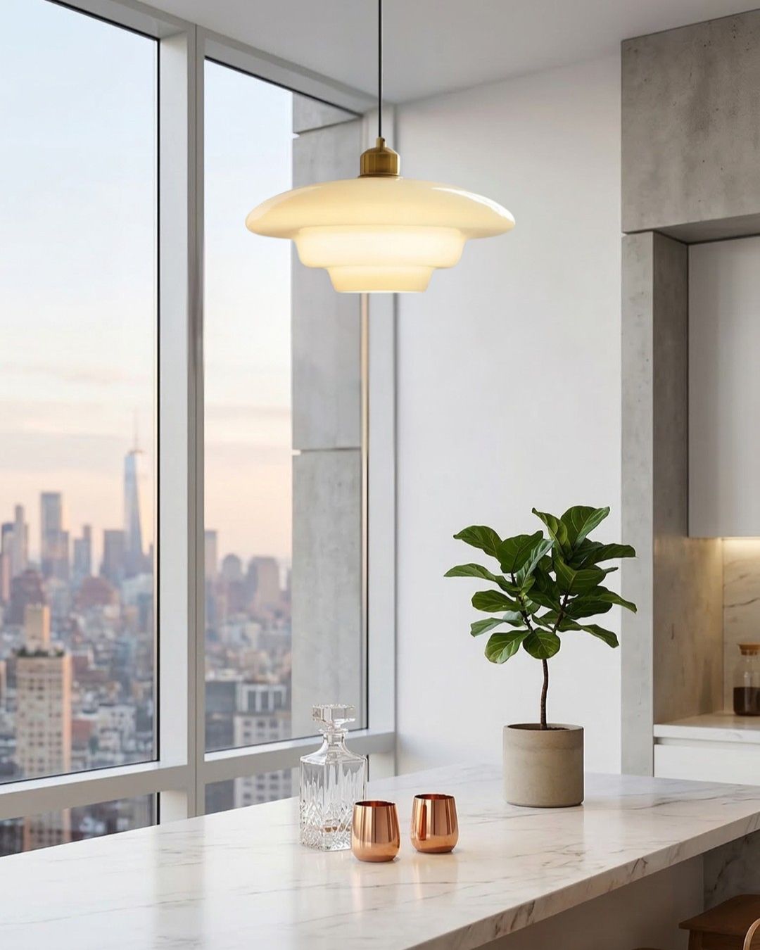 TINA Hanglamp – Mid-Century Melkwit Glas met Geborsteld Messing | Moderne Eetkamer & Keukenverlichting | Verstelbaar | E27 Fitting