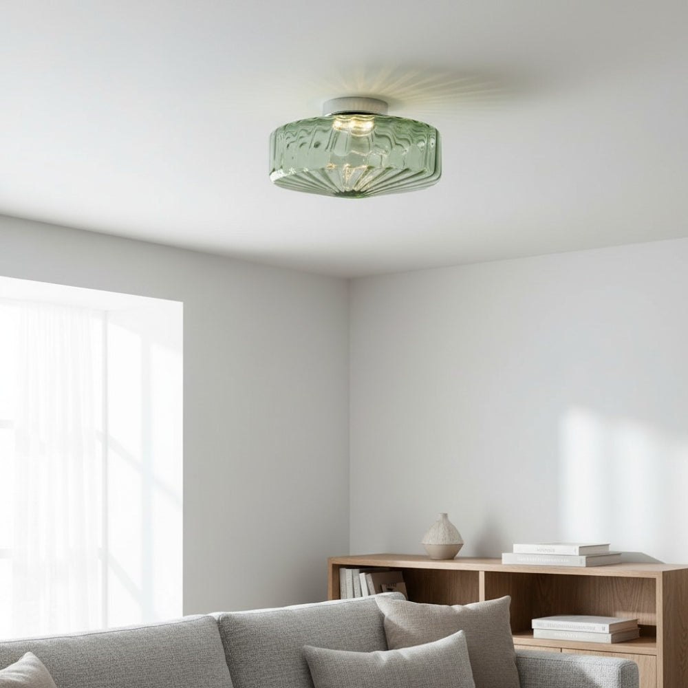 Vintage Geribbeld Glazen Plafondlamp Groen – Klassieke Verlichting voor Eetkamer, Entree & Gang