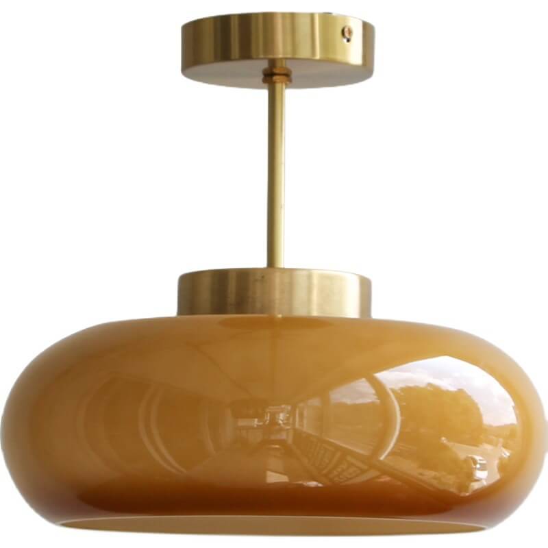 Vintage Plafondlamp van Geel Glas met Messing | Semi-Flush LED Plafondverlichting