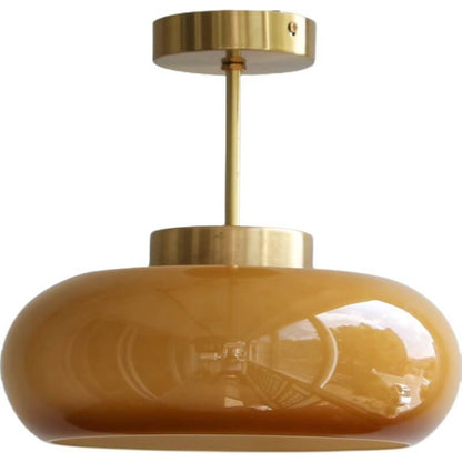 Vintage Plafondlamp van Geel Glas met Messing | Semi-Flush LED Plafondverlichting
