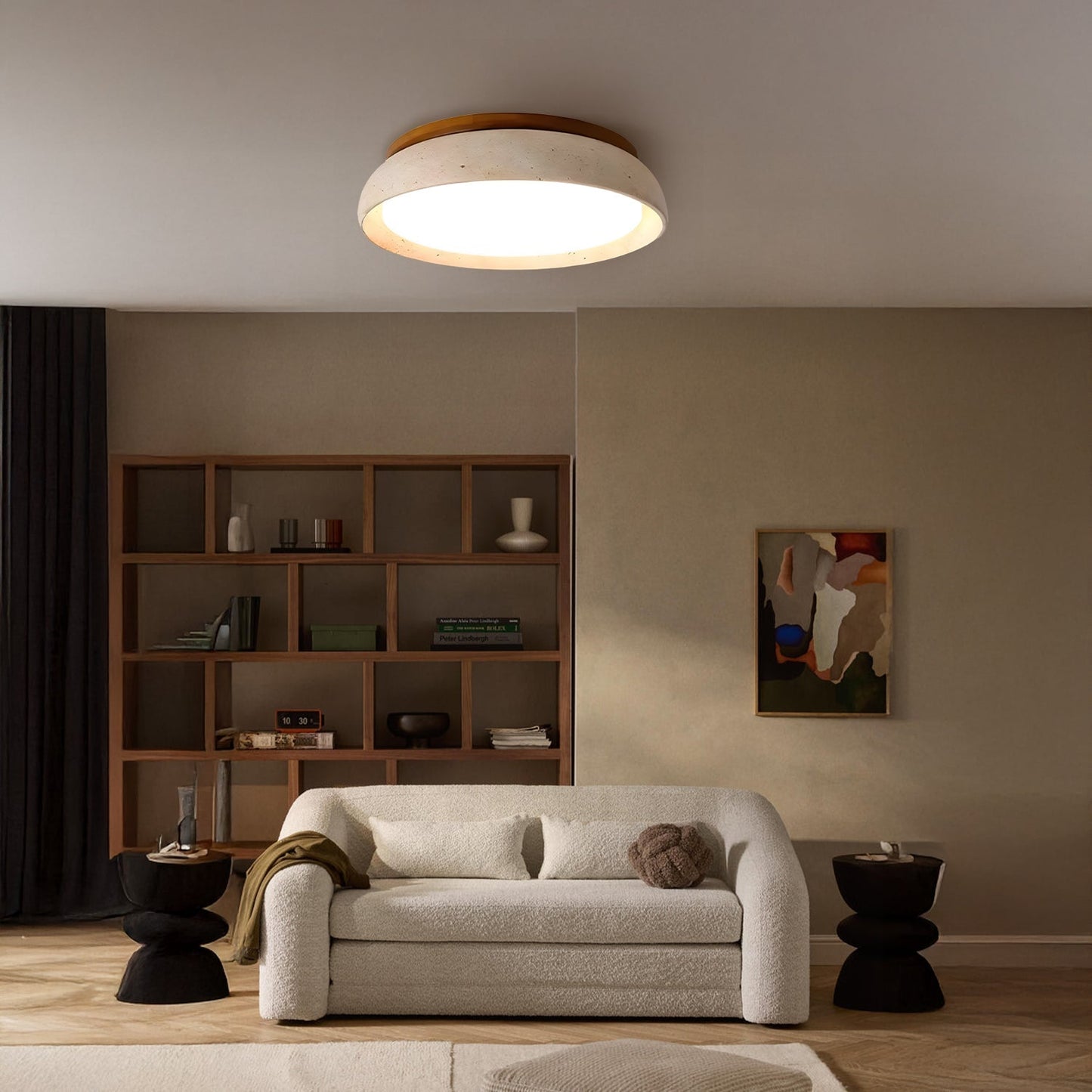Scandinavische Plafondlamp Travertijn met Houtaccent — Moderne Ronde Opbouwspot Natuursteen en Acryl Inbouw LED Verlichting Warm Wit 3000K Slaapkamer Gang Entree Woonkamer — Ø 30 cm × H 7 cm