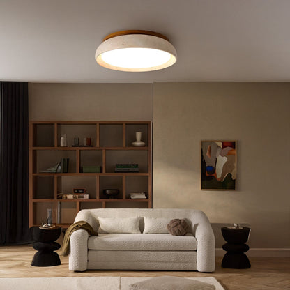 Scandinavische Plafondlamp Travertijn met Houtaccent — Moderne Ronde Opbouwspot Natuursteen en Acryl Inbouw LED Verlichting Warm Wit 3000K Slaapkamer Gang Entree Woonkamer — Ø 30 cm × H 7 cm