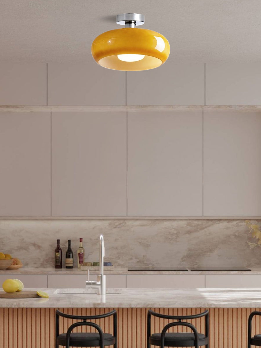 Plafondlamp Glazen Schijf Bauhaus Design Messing of Chroom Oranjegeel of Wit Glas Retro Stijlvolle Verlichting