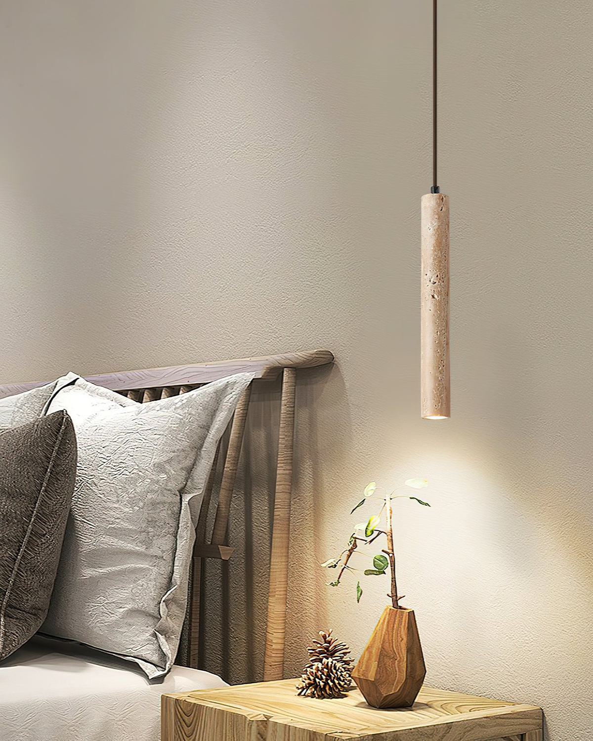 Natuurlijke travertin hanglamp met cilindervormig design voor eetkamer en hal – Japandi natuursteen verlichting