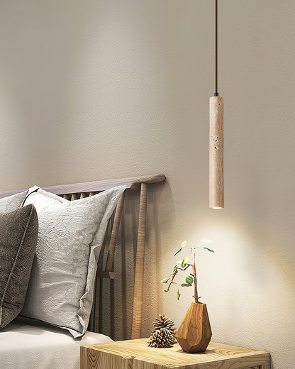Natuurlijke travertin hanglamp met cilindervormig design voor eetkamer en hal – Japandi natuursteen verlichting