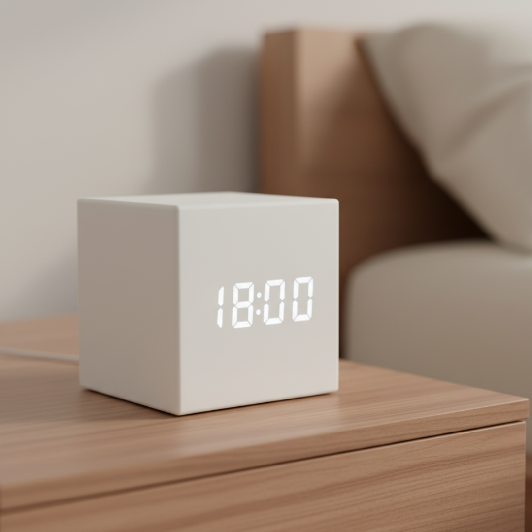 Digitale Wekker met LED-Lichtsensor en Stemactivatie – Compacte Kubusvorm met Multifunctioneel Display