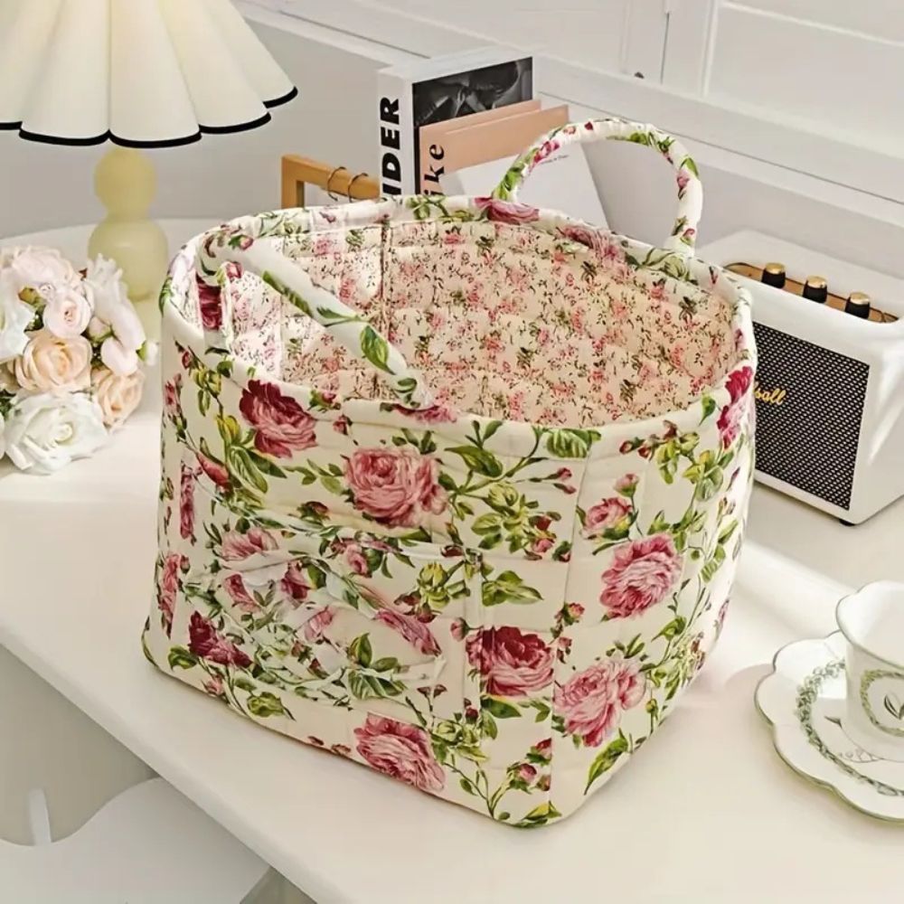 Canvas Opbergmand met Bloemenprint – Praktische Organizer voor Kleine Spullen en Schoenen