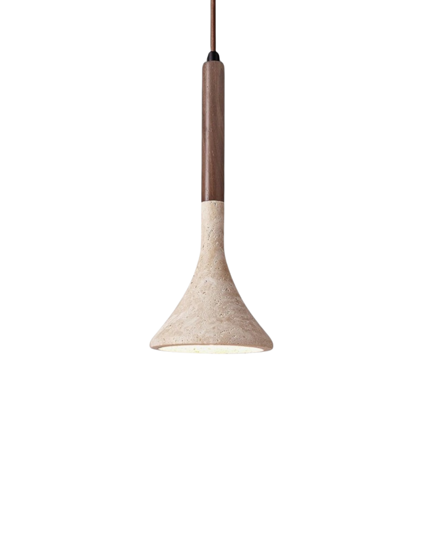 Travertijn Hanglamp met Walnoot Hout – Natuursteen Eetkamerlamp Warm Licht Scandinavisch Interieur
