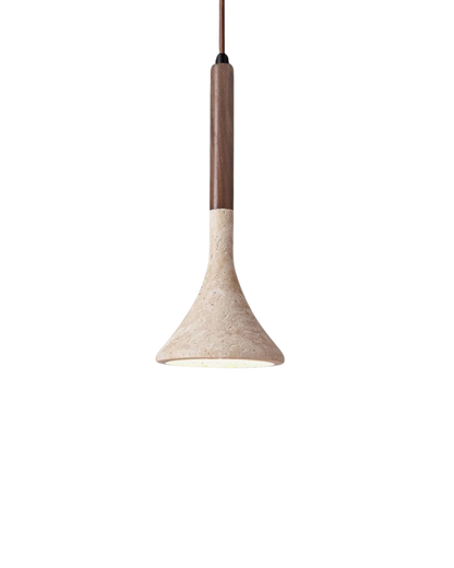 Travertijn Hanglamp met Walnoot Hout – Natuursteen Eetkamerlamp Warm Licht Scandinavisch Interieur