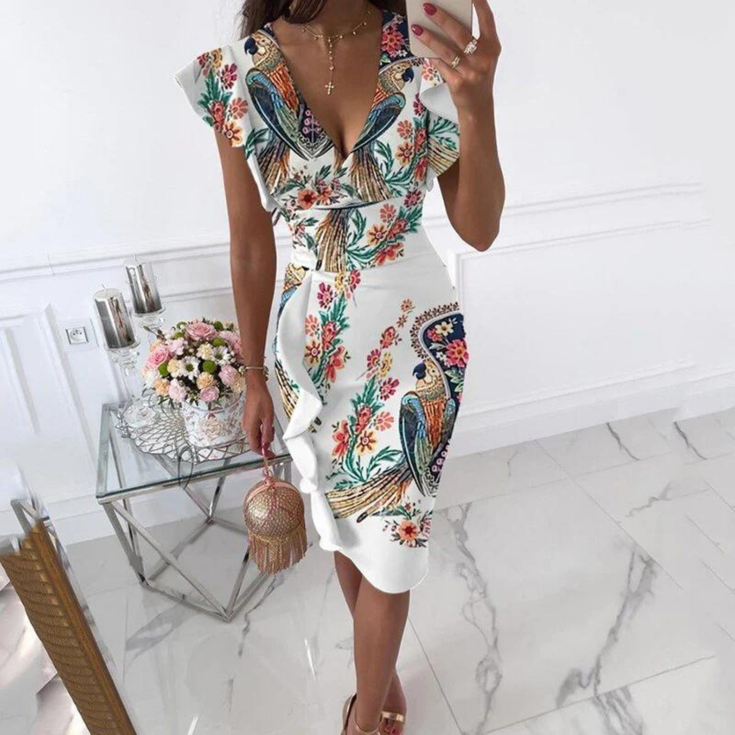Jurk met Plooi Mouwen en V Hals Elegant Design