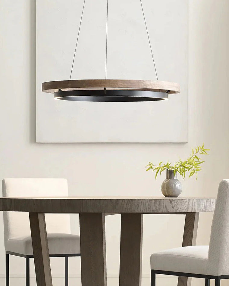 Houten Ringkroonluchter LED Ingebouwd Warm Wit Dimbaar Eetkamer Woonkamer Plafondlamp Modern Farmhouse