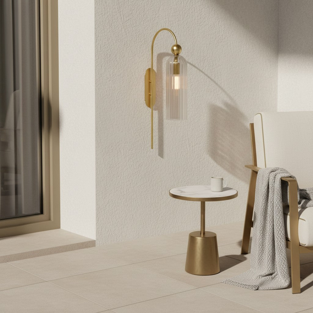 Geribbelde Glazen Wandlamp Cilindervorm met Gouden Fitting voor Gang, Slaapkamer, Woonkamer