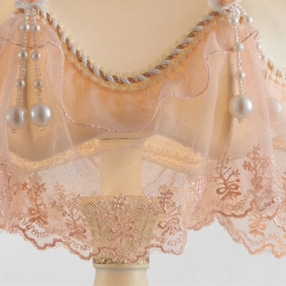 Romantische Tafellamp met Stoffen Kap en Parels – Elegante Decoratieve Nachtlamp met Kant en Rozenmotief – Klassieke Vintage Sfeerlamp voor Slaapkamer en Woonkamer
