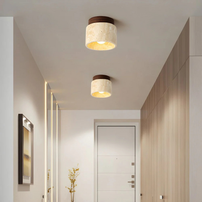 Plafondlamp Travertin Cilinder Met Houten Accent E27 12cm