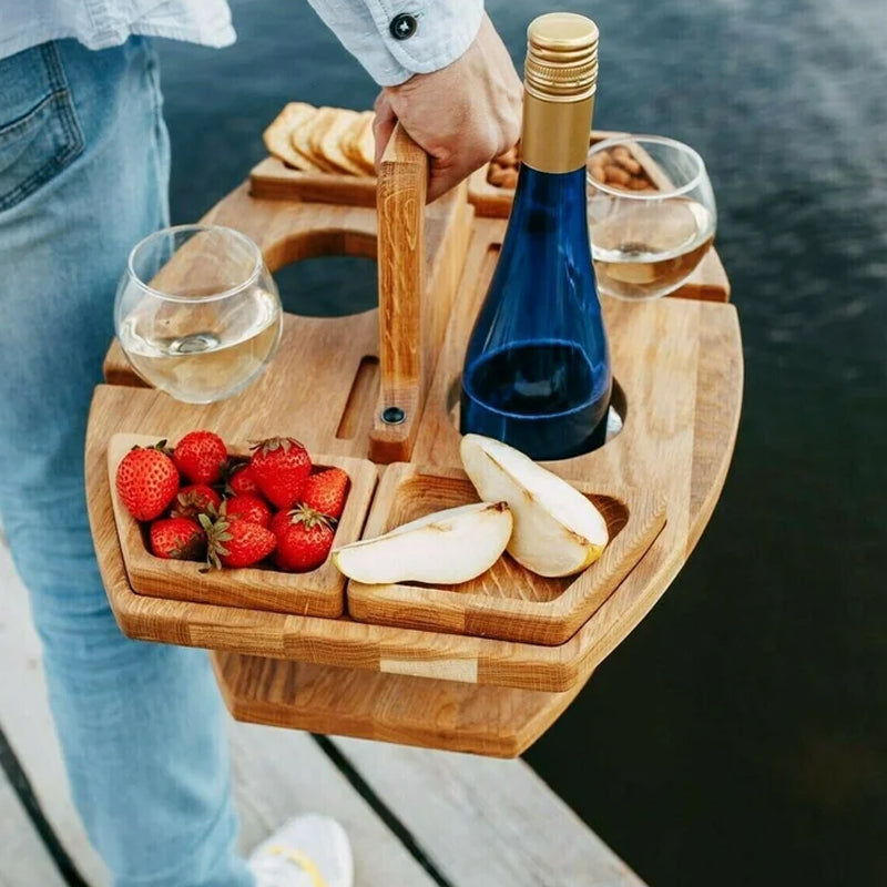 Opvouwbare Houten Wijnpicknicktafel met Fleshouders en Snackcompartimenten | Draagbare Wijnserveerset voor Buiten Park Strand Tuin Balkon