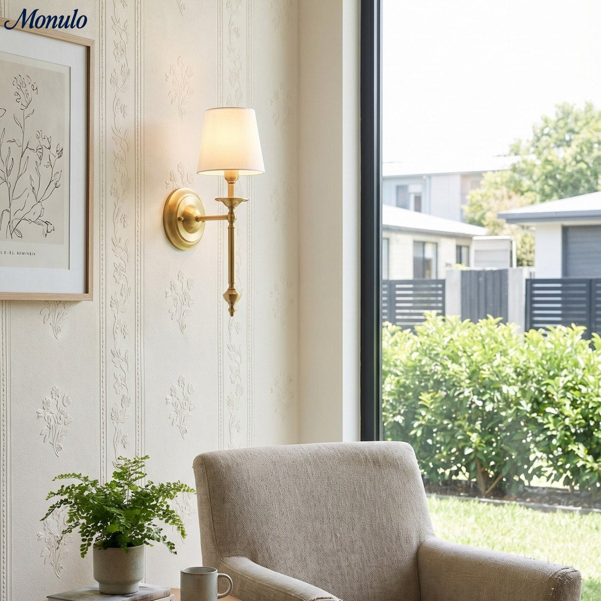 Stoffen Wandlamp met Vintage Koperen Afwerking – Sfeervolle Verlichting voor Hal, Slaapkamer en Woonkamer