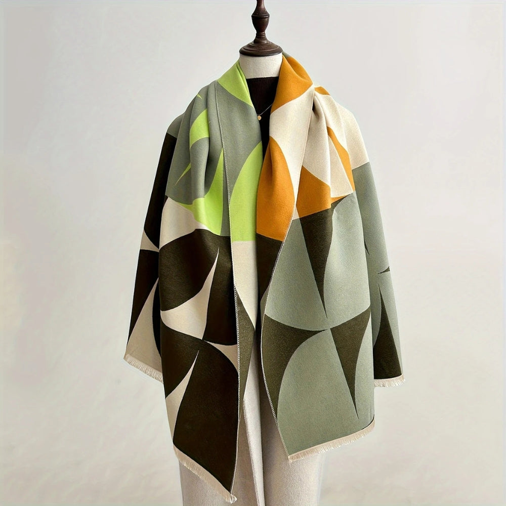 Omkeerbare Sjaal met Geometrisch Blokdesign Warm Zachte Microvezel Poncho voor Herfst en Winter