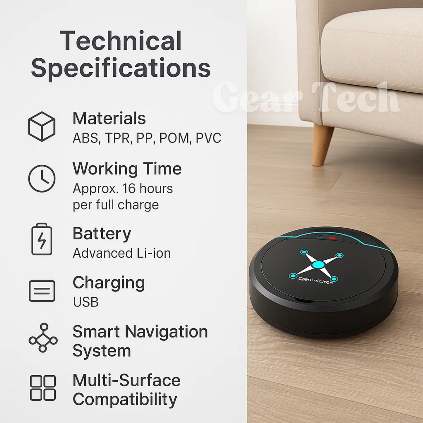 Autonome Robotstofzuiger met Slimme Navigatie en 16 Uur Accuduur | Automatische Stofzuiger voor Harde Vloeren Hout Vinyl Tegel Marmer USB Oplaadbaar Stil