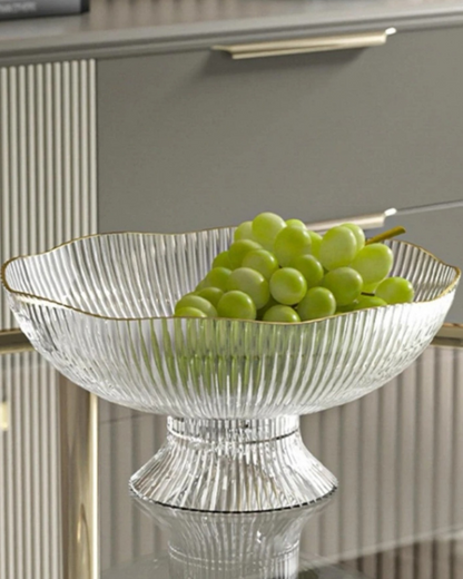Fruitschaal op Voet met Goudrand Geribbeld Keramiek Transparant Groen Grijs voor Tafelcenterpiece Interieur