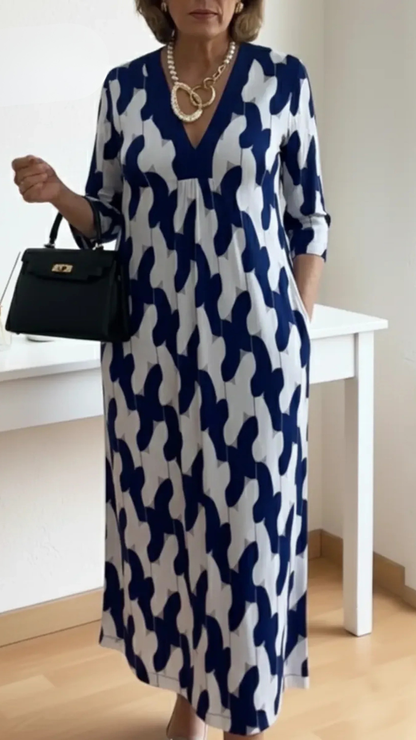 Vrouwen Maxi Jurk Met V-Hals en 3/4 Mouwen Elegant Zwart