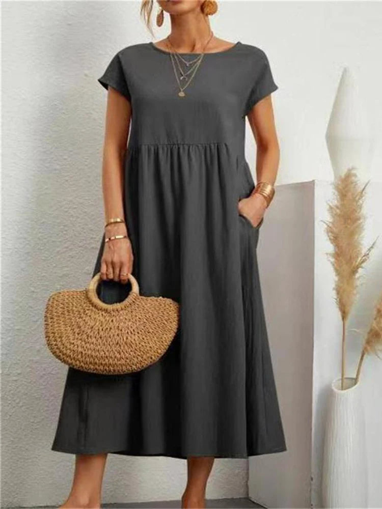 Zwarte Linnen Jurk Elegante O-Hals Vrouwelijk Design