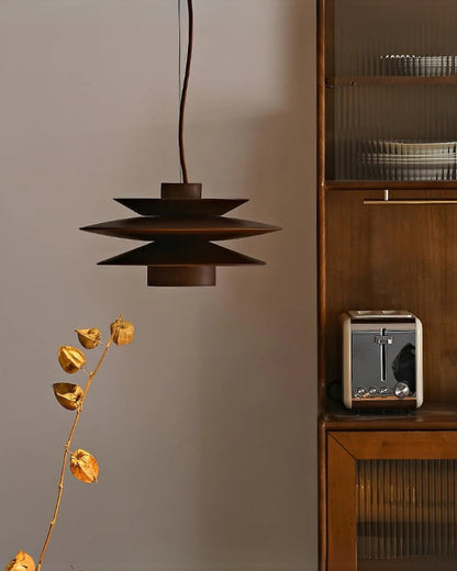 Moderne walnoot houten hanglamp met gelaagd design – stijlvolle plafondlamp voor eetkamer en woonkamer met warme lichtverspreiding
