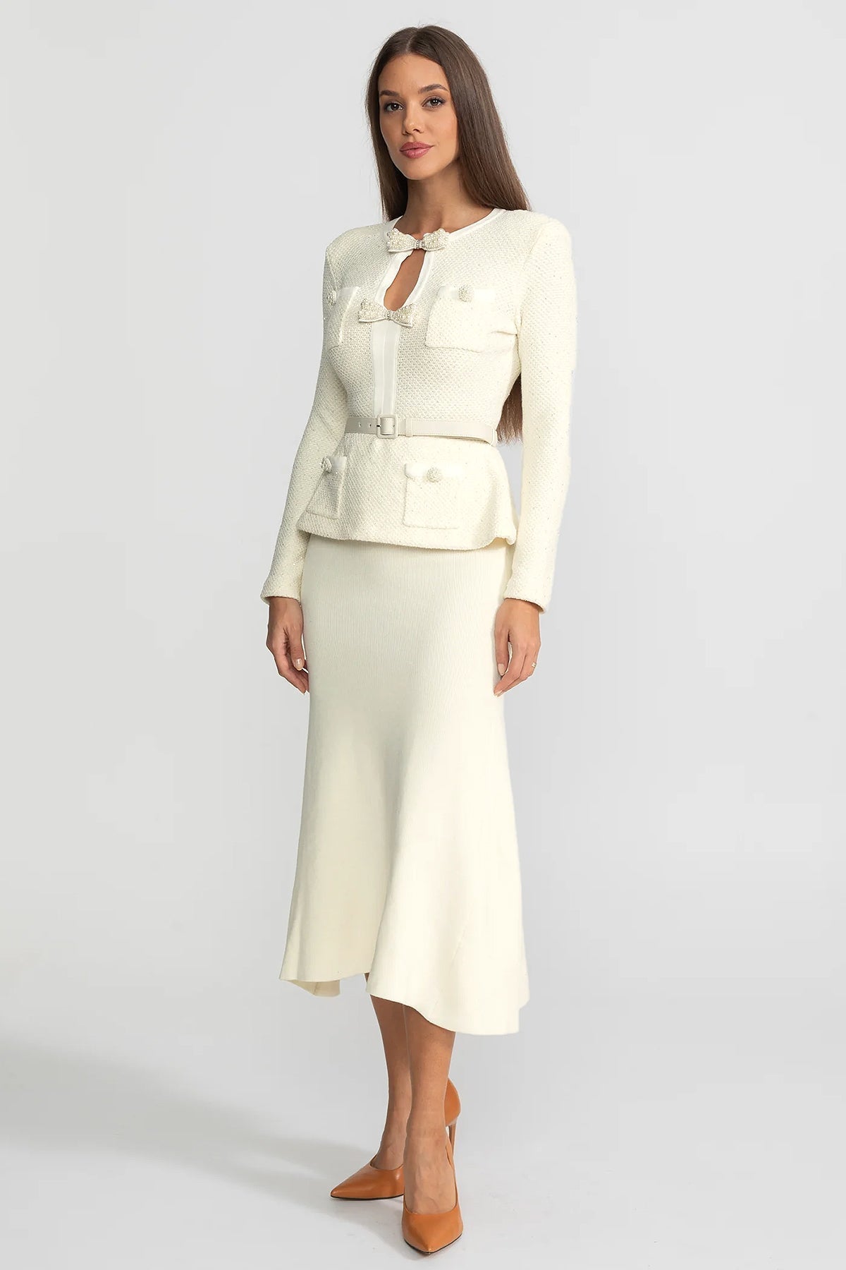 Gebreide Midi Jurk met Peplum Ivoorkleur