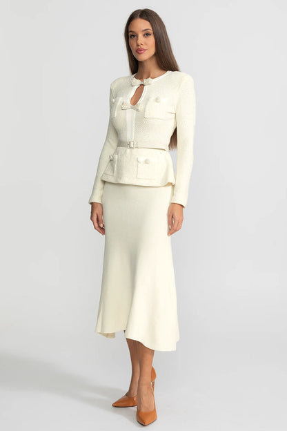 Gebreide Midi Jurk met Peplum Ivoorkleur