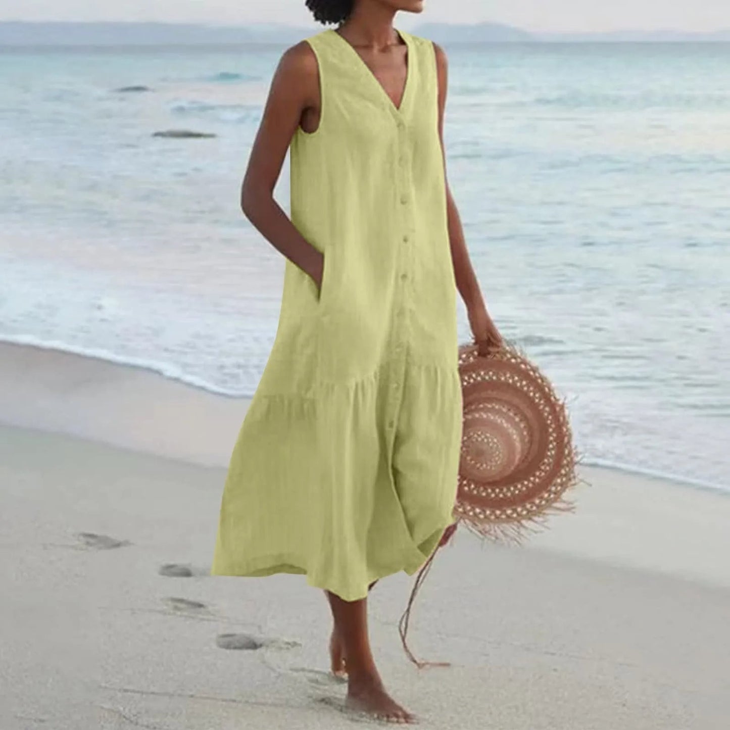 Linnen Jurk V-Hals Zomerjurk Luchtig en Stylish