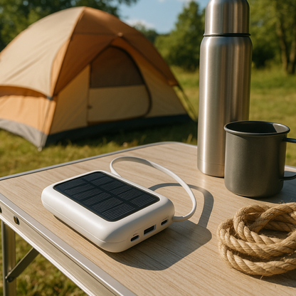 Oplaadbare Powerbank 20000mAh met Zonnepaneel, LED-Zaklamp en Ingebouwde Kabels – Draagbare Noodaccu met Dubbele USB- en Type-C-Aansluiting voor Smartphone en Tablet