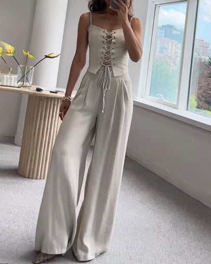 Dames Tweedelige Set Tweed met Strik Wijde Broek