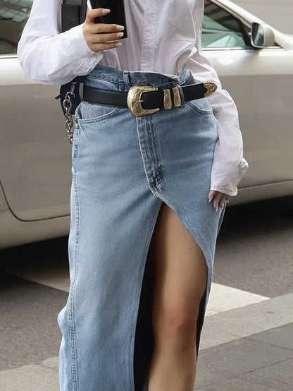 Dames Maxi Rok Hoge Taille Denim Split Voorzijde