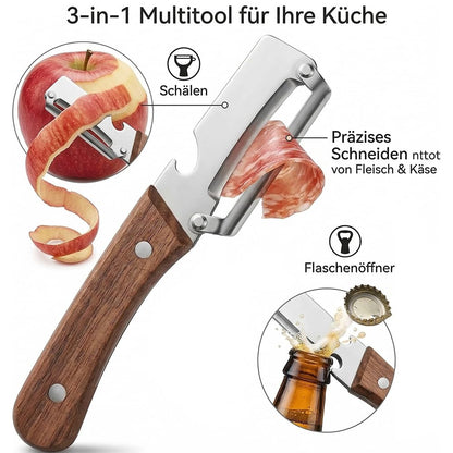 3-in-1 Keukenmessenset 5-delig Multifunctioneel Keukengereedschap met Houten Handvat Schillen Snijden Openen RVS Messen Professioneel