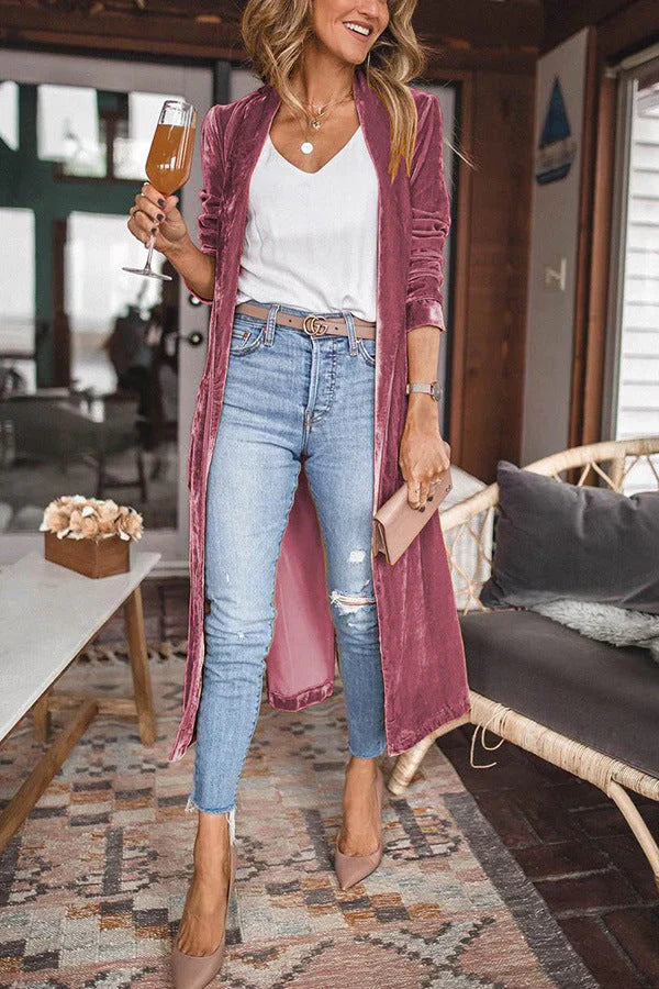 Zwarte Fluwelen Cardigan Lange Warm Elegante Look