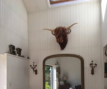 Wanddecoratie Stier Hoofd Handgemaakt Riet Naturel Woonkamer Landelijk Highland Cow Wandsculptuur Muurdecoratie Rustiek