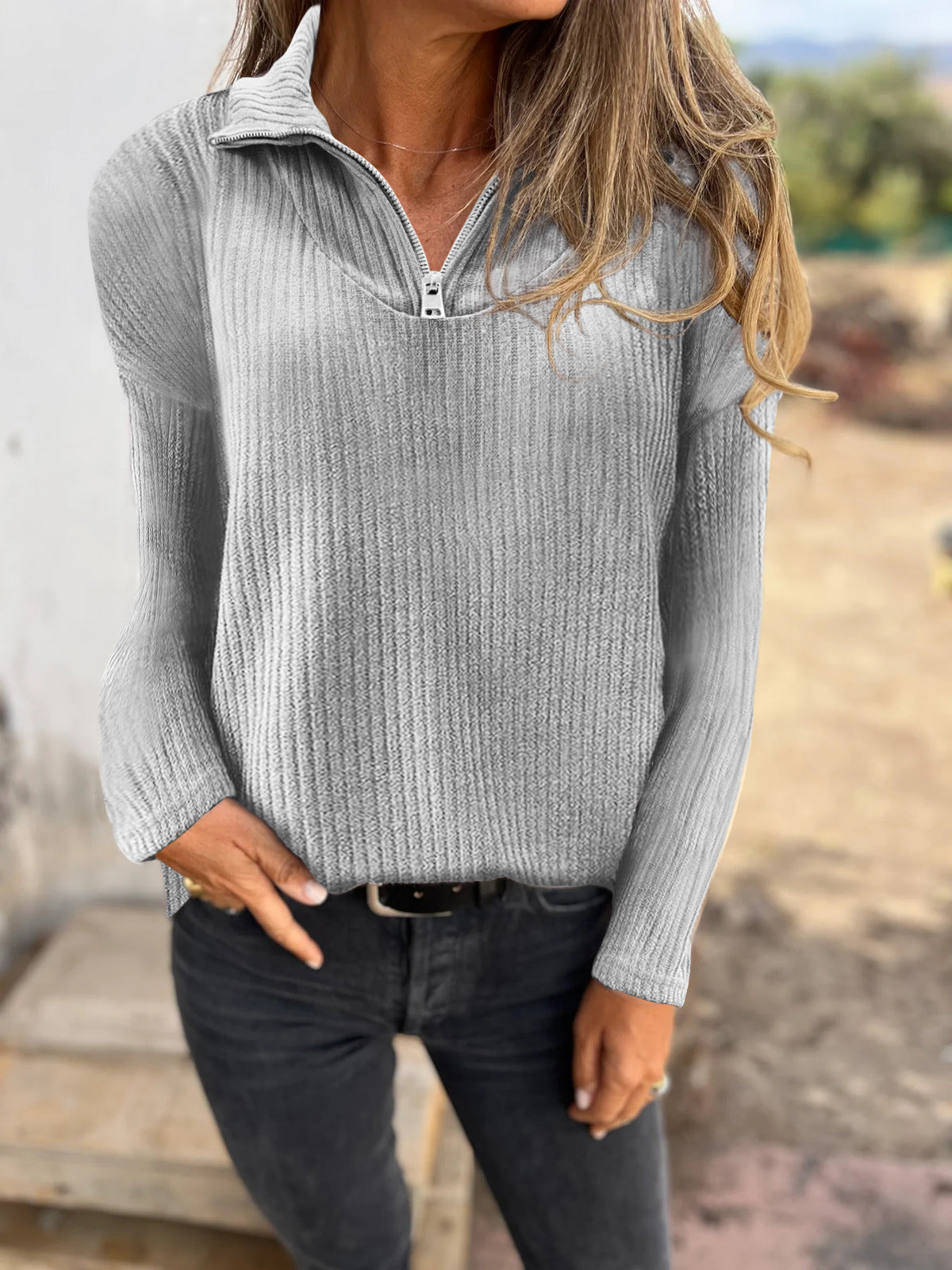 Dames Trui met Halve Rits en Ribbelstructuur Elegante Basislook → Dames Trui Halve Rits Ribbelstructuur Elegante Basislook