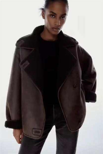 Dames Leren Pilotenjas Oversized Teddy Voering Met Zakken