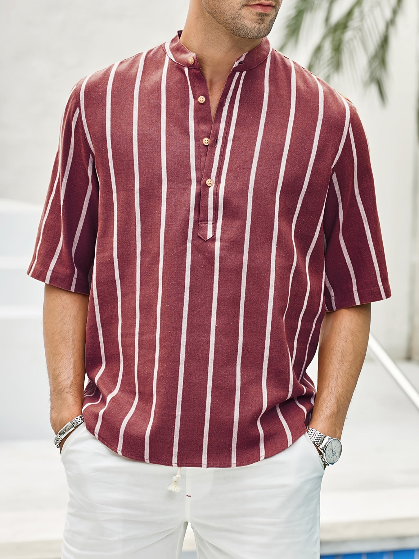 Mannen Zomerhemd Korte Mouwen Strepen Henley Stijl