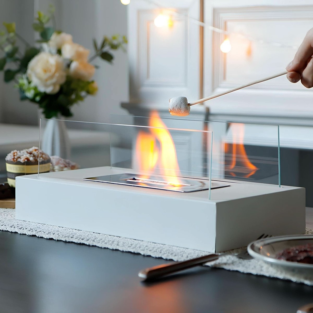 Bioethanol Tafelkachel Draagbaar Gehard Glas & Staal Design voor Binnen & Buiten Rookvrij Sfeerverlichting