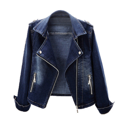 Dames Bikerjas Donkerblauw Denim Slimfit Model