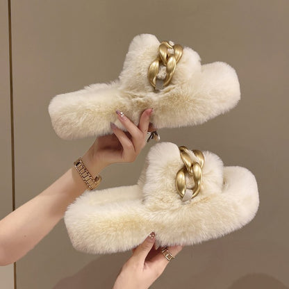 Dames Slippers Faux Fur Luxe met Ketting Detail
