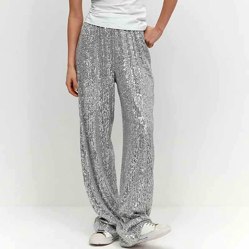 Dames Pantalon Glimmer Broek met Pailletten en Wijd Model - StudioMarella