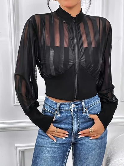 Damesjas Strepenpatroon Mesh Rits