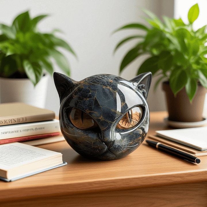Decoratieve Kattenkop Sculptuur – Glanzende Afwerking met Hypnotiserende Ogen