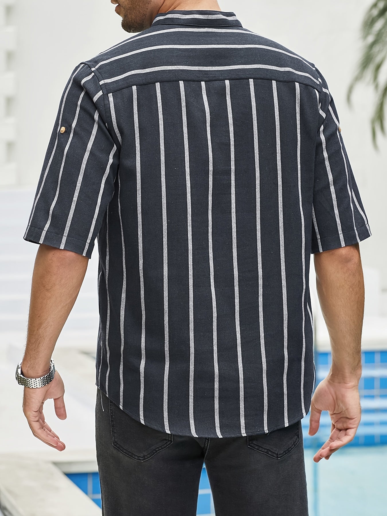 Mannen Zomerhemd Korte Mouwen Strepen Henley Stijl