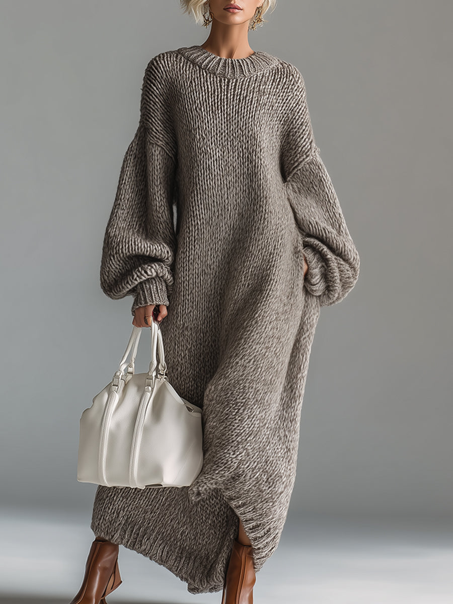 Dames Maxi Jurk Gebreid Khaki Rond Hals Gemêleerd - StudioMarella